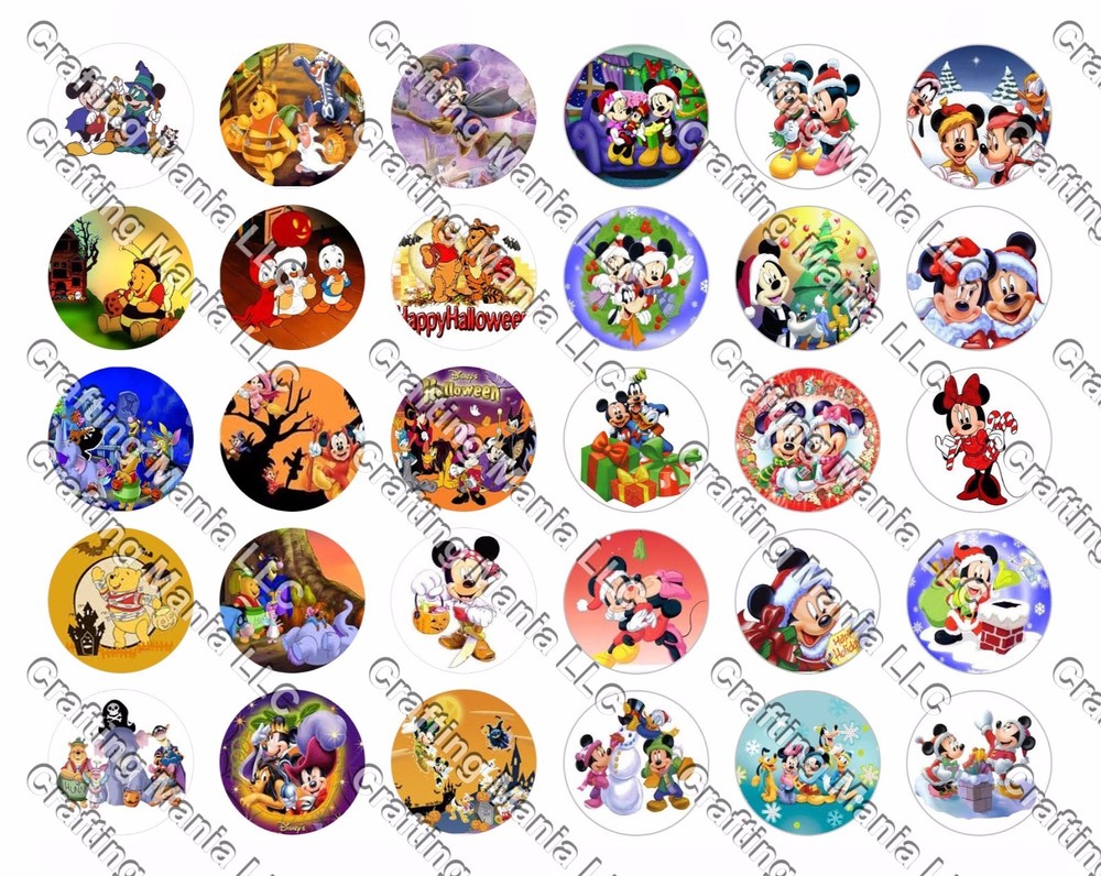 30 Precut 1″ Mickey Mouse and Pooh Holidays cap Image Set 1
