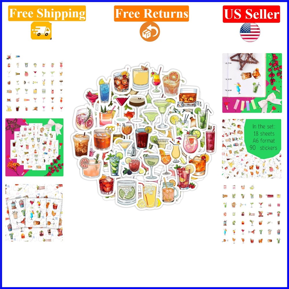 Waterproof Vinyl Cocktail Stickers for Bottles & Laptops, 5.8×4.13 in