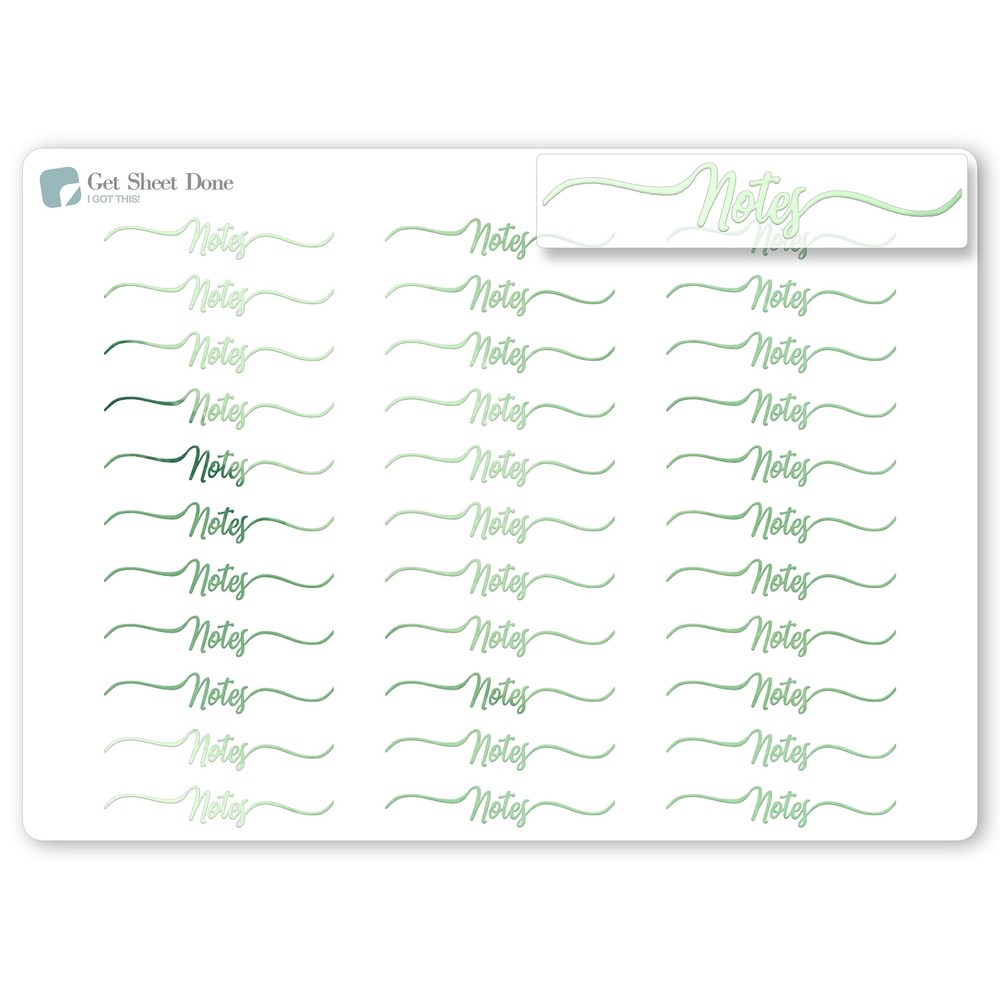 Notes Script Planner Stickers / 30 Gold Foiled Text Headers (1.5″) / GREEN