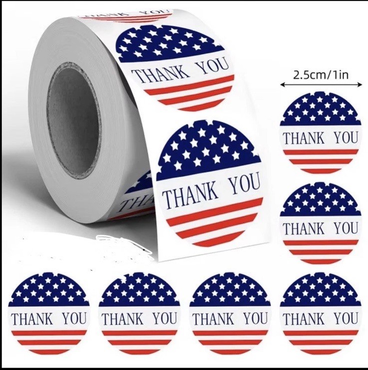 40 PCs Round 1” Thank You July 4th Theme Stickers American Flag Stars & Stripes