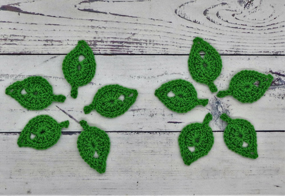 Crochet Green Leaf Leaves Small Applique Embellishment Cardmaking 10 Pcs