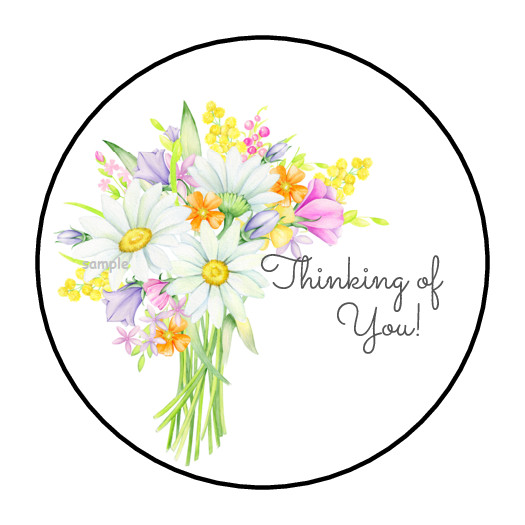 30 THINKING OF YOU STICKERS ENVELOPE SEALS LABELS 1.5″ ROUND WILDFLOWERS FLORAL