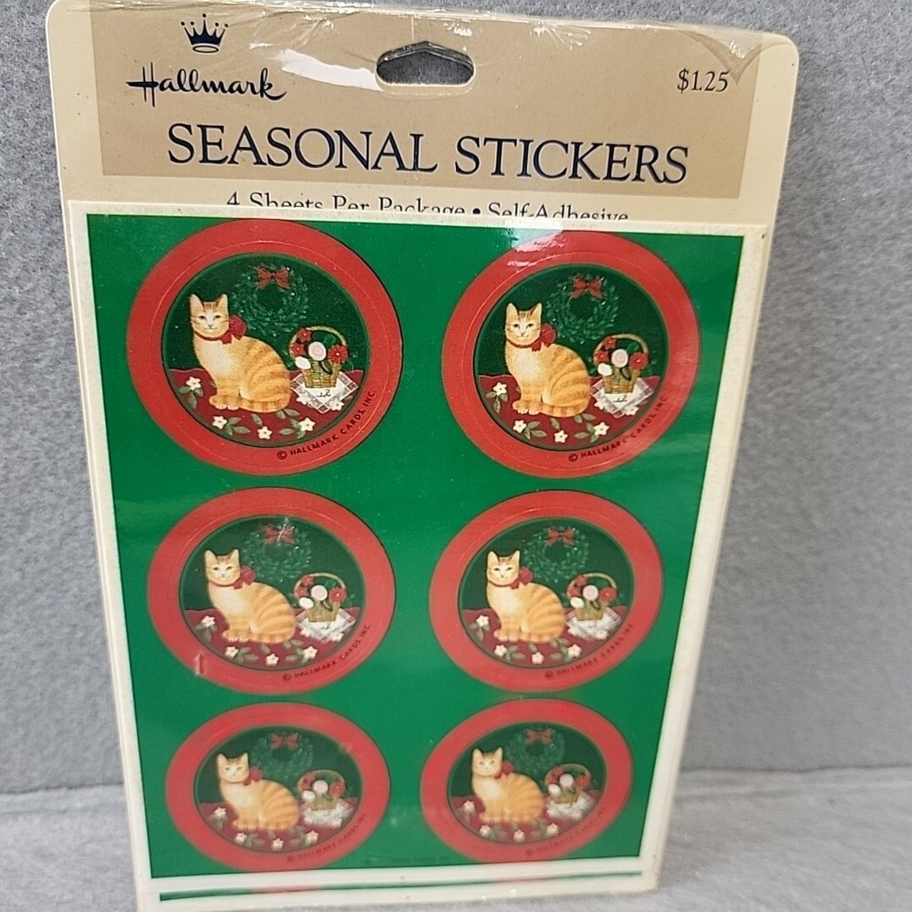 VINTAGE HALLMARK STICKERS CAT W/RED BOW WREATH FLOWERS NOS NIP