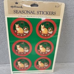 VINTAGE HALLMARK STICKERS CAT W/RED BOW WREATH FLOWERS NOS NIP