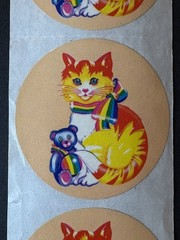 Vintage 1984 Lisa Frank Stickers Cat and Teddy Bear Strip of 3 Mod Large Circles