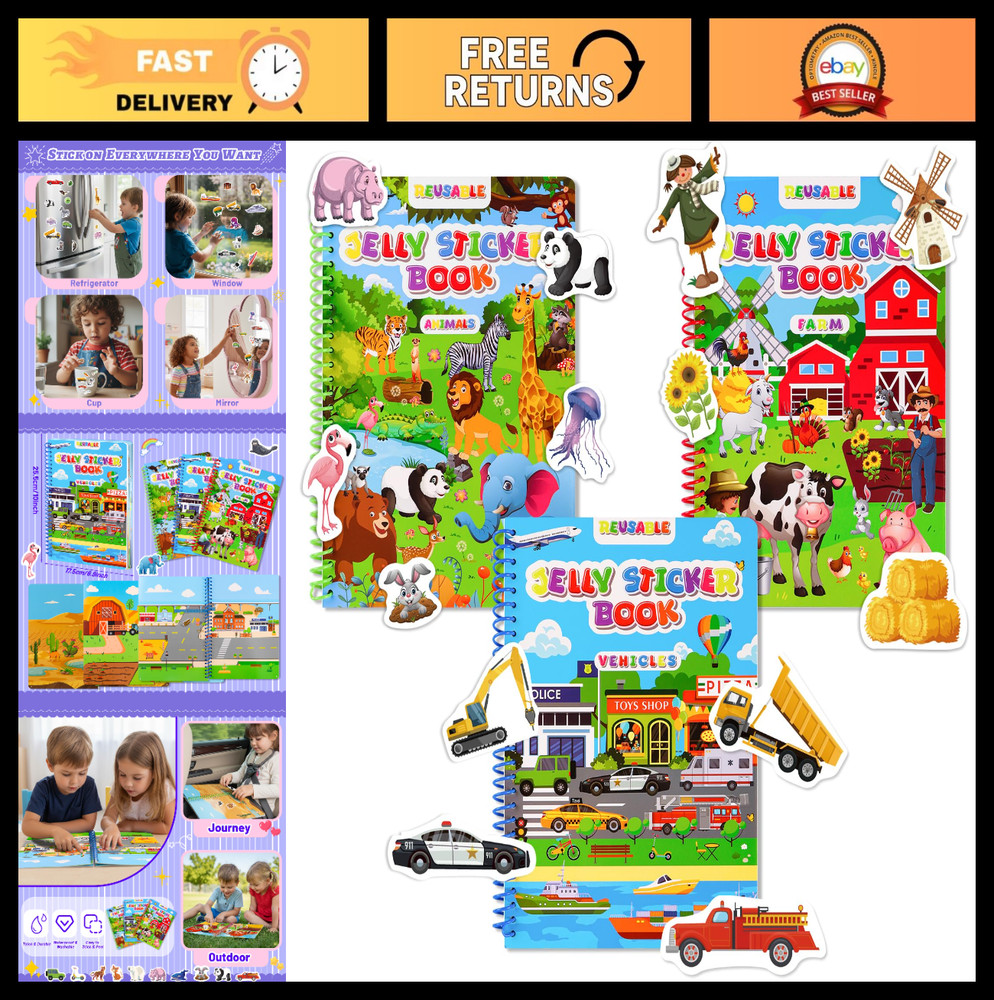 Waterproof Reusable Jelly Sticker Books for Toddlers 2-6 | Activity Travel Toys,