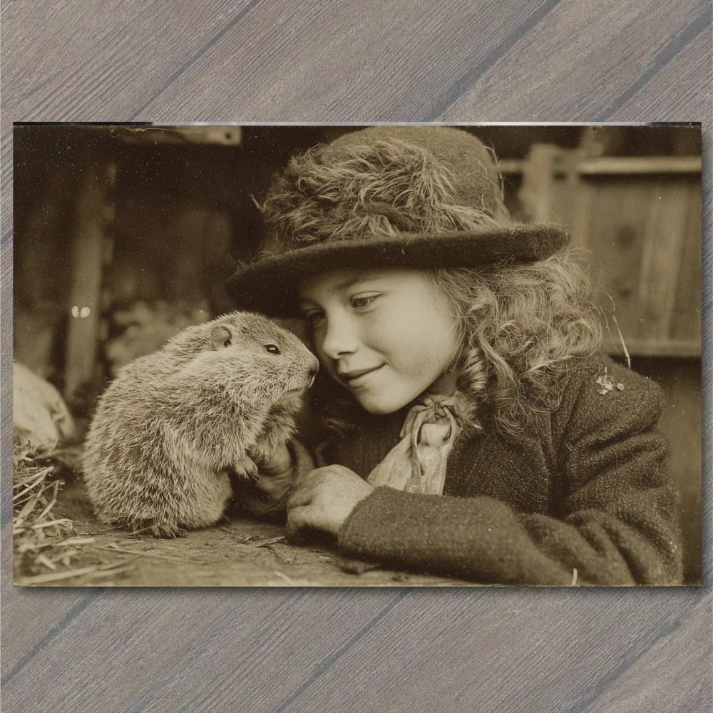 STICKER Girl Hat Smiling With Groundhog Sweet Old Fashioned Moment Countryside
