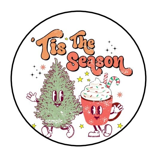 30 CHRISTMAS ENVELOPE SEALS LABELS STICKERS 1.5″ ROUND TIS THE SEASON HOT COCOA