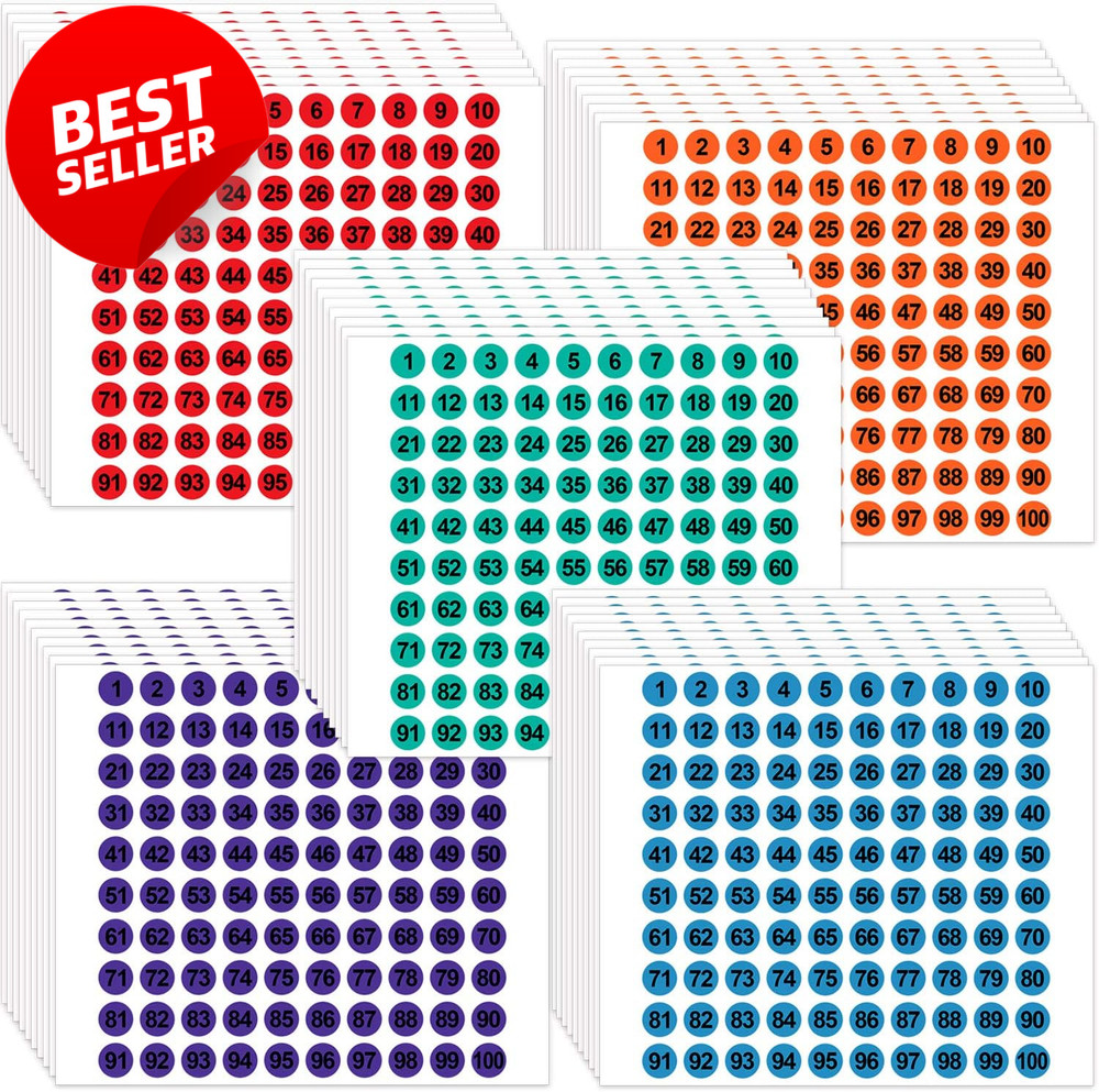 Vinyl Number Stickers 1-100 0.4″ Round Multicolor 50 Sheets Label Pack – US
