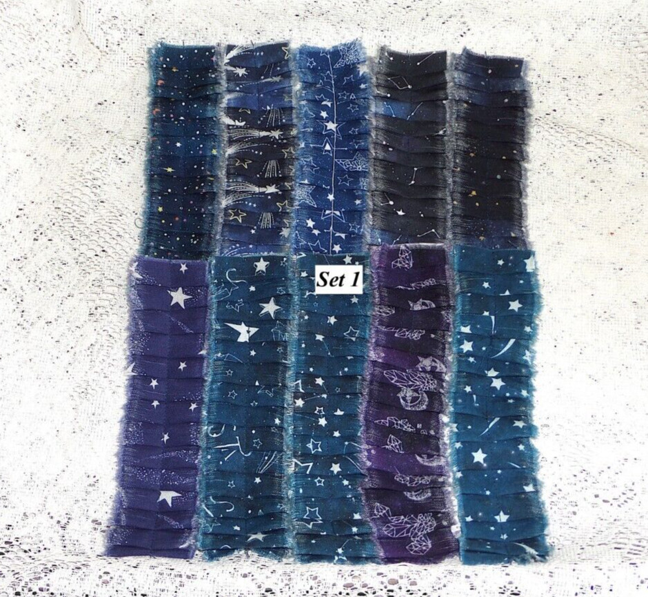 LOT of 10 SEWN Galaxy Fabric Ruffles For Junk Journals Scrapbook Pockets Tucks