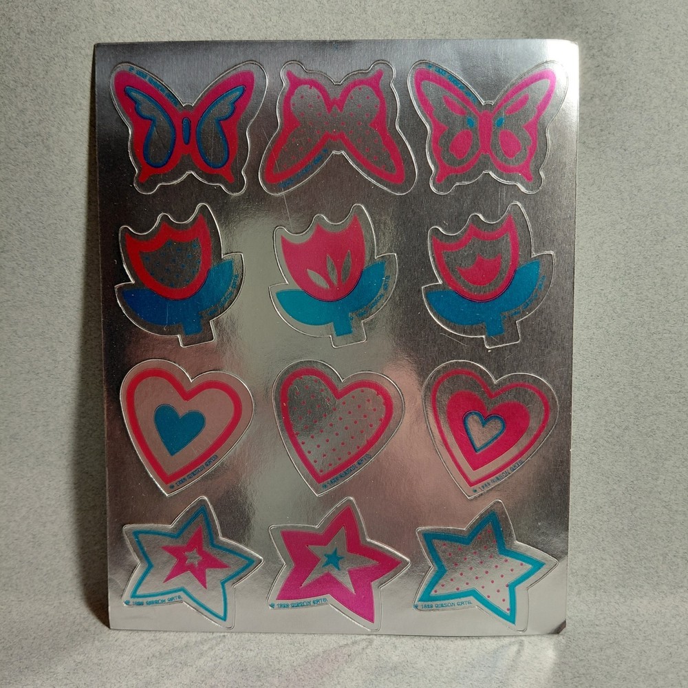 Vintage Gibson Greetings Metallic Chrome Sticker Sheet Hearts Stars Flowers