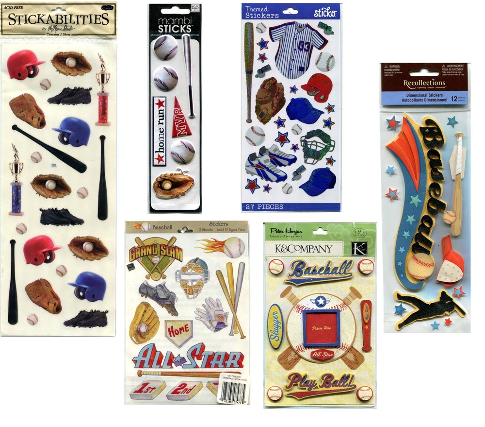 Lot of 6 Baseball scrapbook stickers – Sticko, K&Company, Recollections
