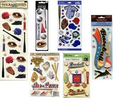 Lot of 6 Baseball scrapbook stickers – Sticko, K&Company, Recollections