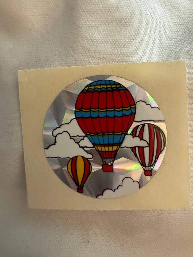Vintage 1980’s Hot Air Balloon in Clouds Mylar Foil Prism Scrapbooking Sticker