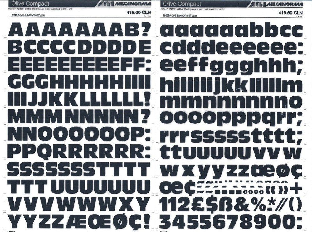 MECANORMA Transfer Lettering 419.60 CLN Letraset, #604 OLIVE COMPACT 17.4mm