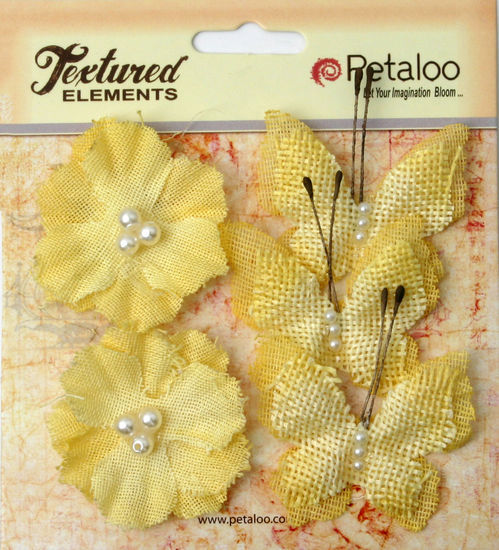 Petaloo Textured Elements » Burlap Butterflies & Blossoms x 5 Yellow 1203-203