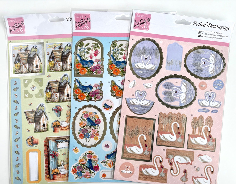 Anita’s Foiled Decoupage Nature Swans Birds Floral Craft Cardmaking 3pc Lot