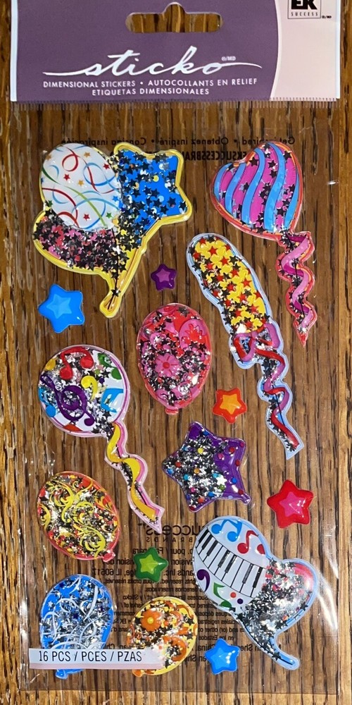 RARE Sticko Colorful Balloons W/ Glitter Confetti Stars Birthday Party Stickers