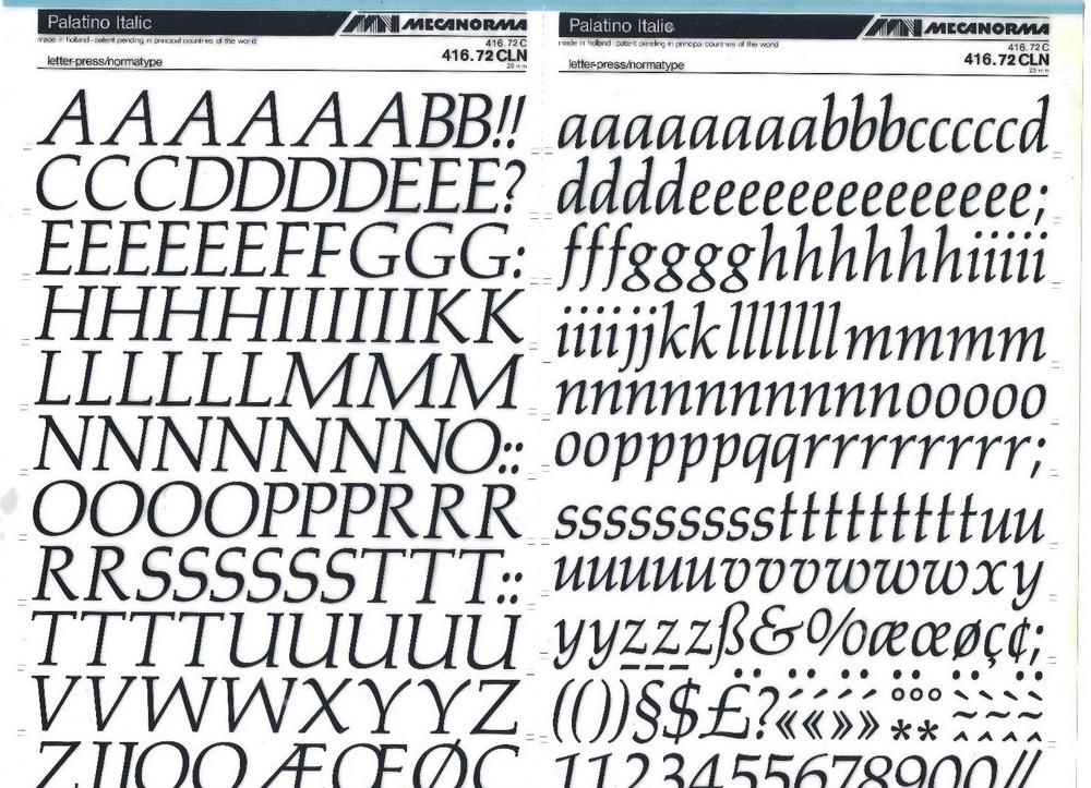MECANORMA Dry Transfer Lettering 416.72 CLN #674 PALATINO ITALIC 20mm