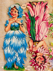 VTG VICTORIAN SCRAP FLOWER GIRLS PINK ROSES MIXED FLORALS DIECUTS GERMANY