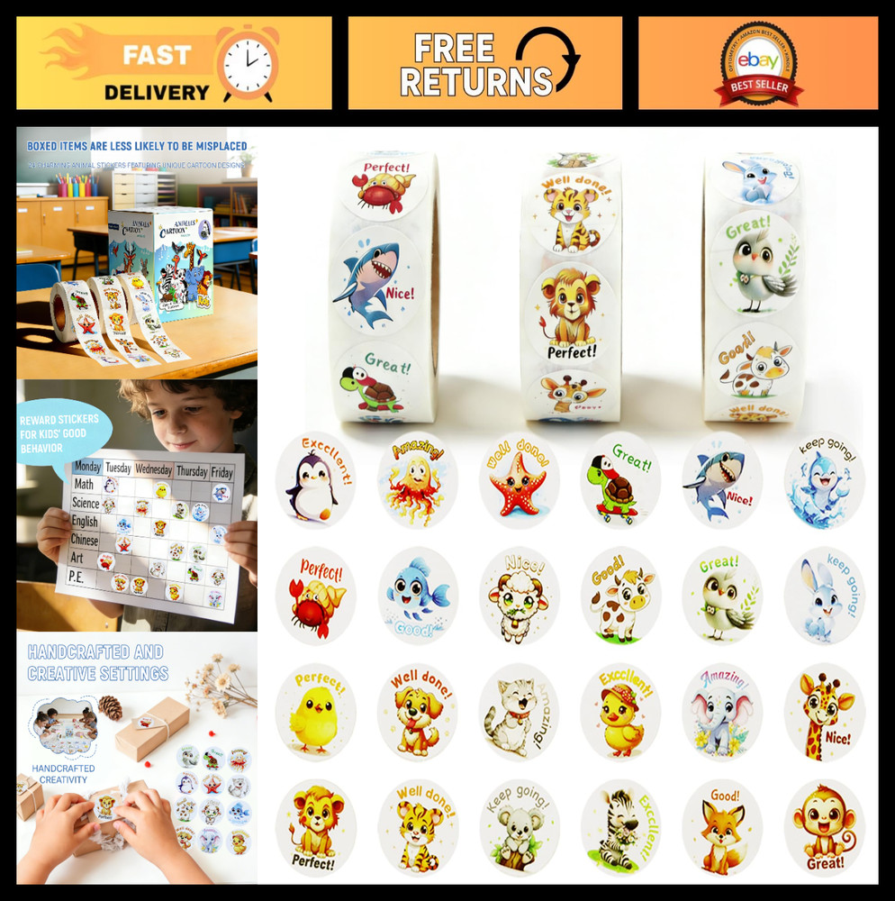 Colorful Animal Reward Stickers 1500 PCS – Fun Classroom & Party Essentials, 1 I