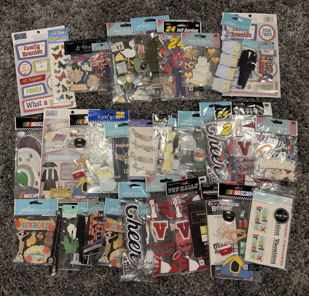 Brand NEW – Huge Scrapbooking Lot 40 + Packages Jolee’s Boutique, NASCAR & More
