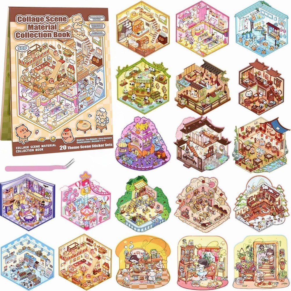 20 Sets 3D Sticker Scenes Miniature House Book for Sticker Therapy Cute Cartoon