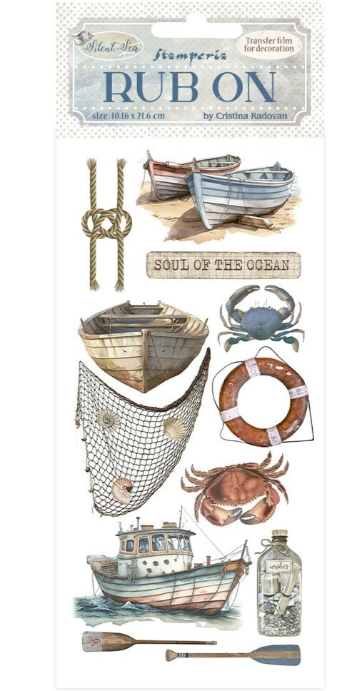 Stamperia – SILENT SEA – BOAT – RUB ON – 4″ x 8.5″, Fishing Net, Crab