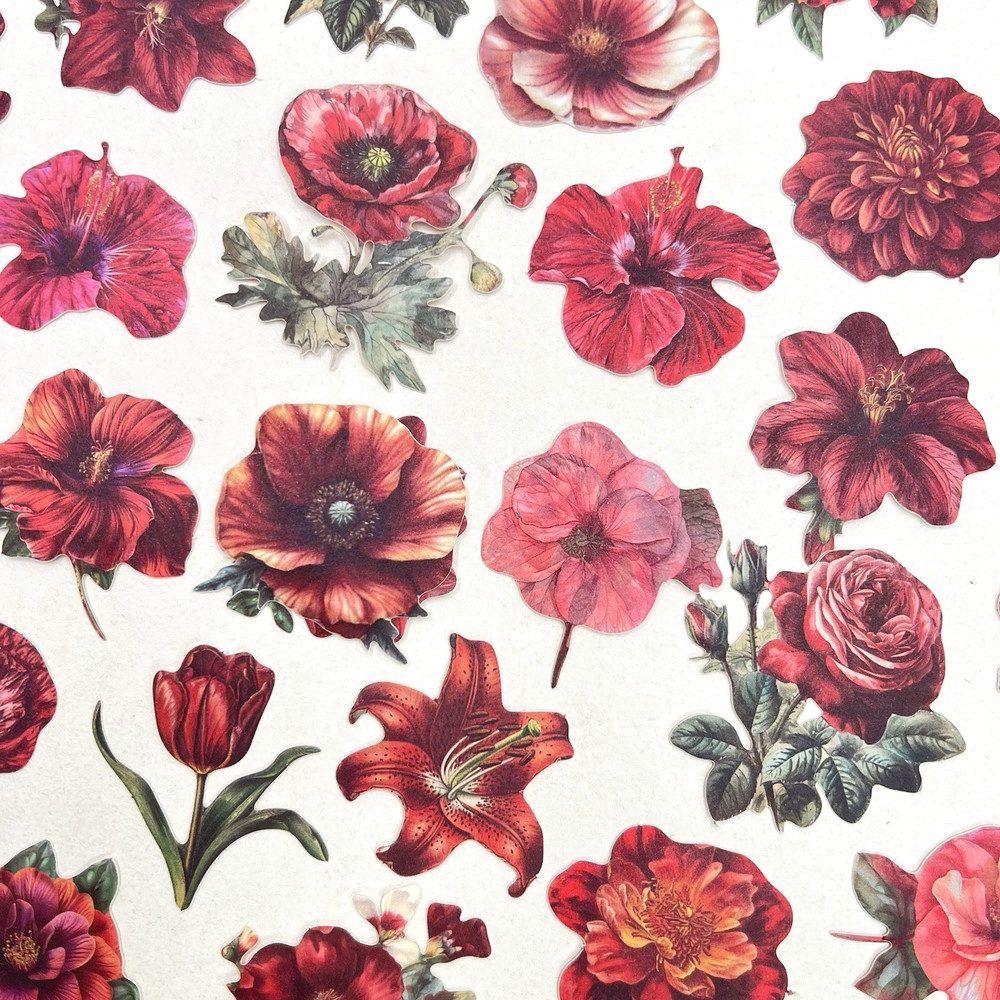 Red Flower Stickers Valentine’s Day Vintage Style Junk Journal Collage Scrapbook