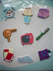 2 packages of household items stickers unopen telephone clock cat record
