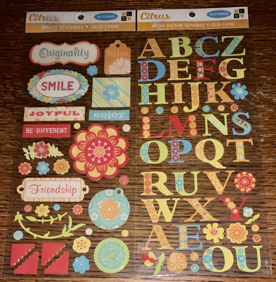 Lot Of 2 DCWV Citrus Glittered Alphabet Friendship Joy Smile Joyful Enjoy Flower