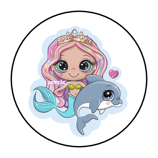 30 MERMAID AND DOLPHIN STICKERS ENVELOPE SEALS LABELS 1.5″ ROUND PARTY FAVORS