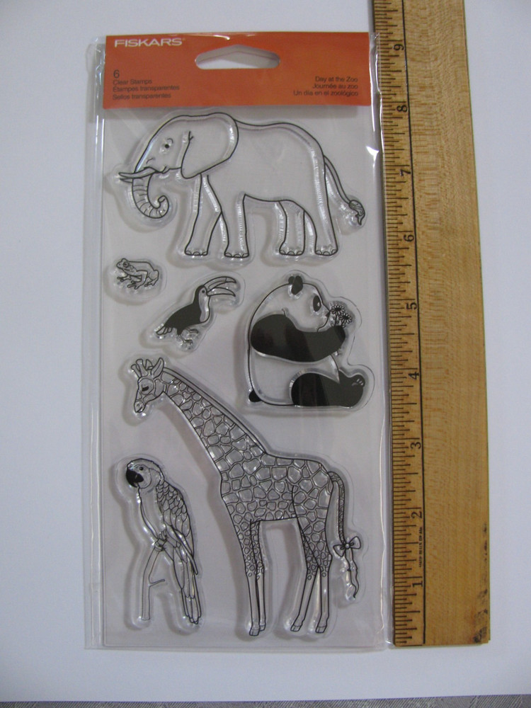 Fiskars Clear Stamps DAY AT THE ZOO 6 Pieces Elephant Giraffe Panda Parrot NOS