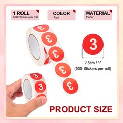 Number 3 Stickers 1″ Round Coded Self-Adhesive Labels Red 500Pcs/Roll