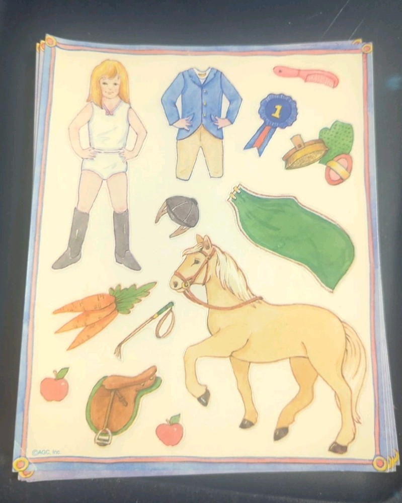 Vintage American Greetings Stickers Paper Doll Girl Horse Equestrian One Sheet