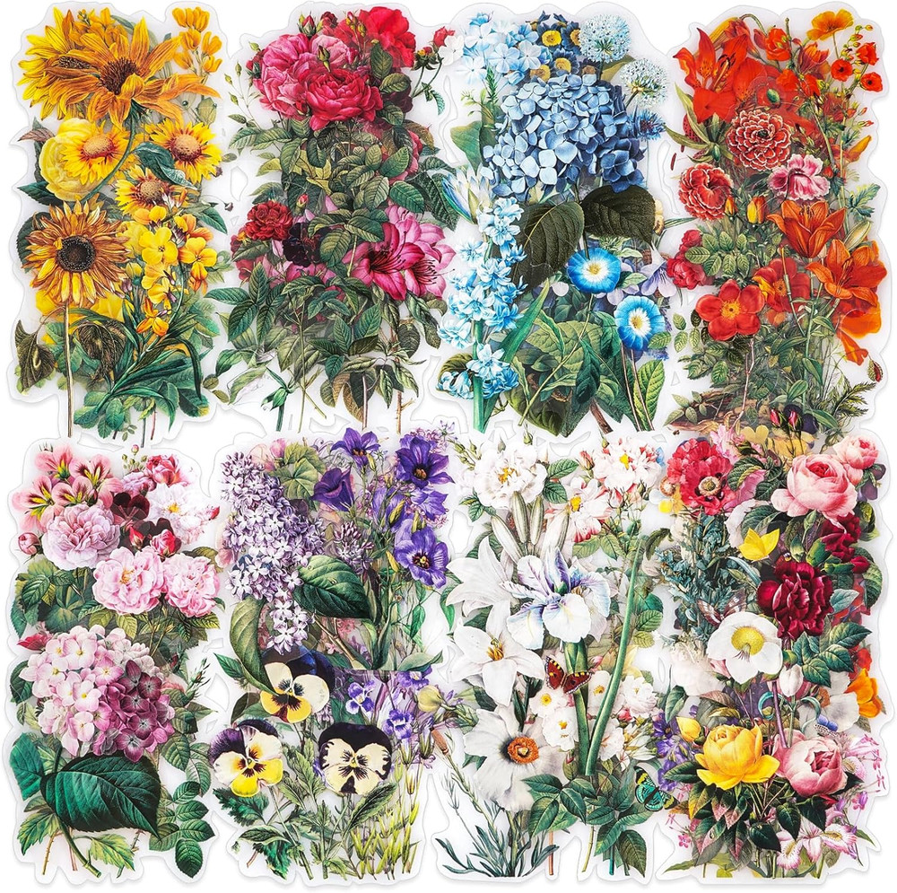 100 Pieces Vintage Flower Stickers Set – Big 3.4″ Waterproof Clear Botanical Flo