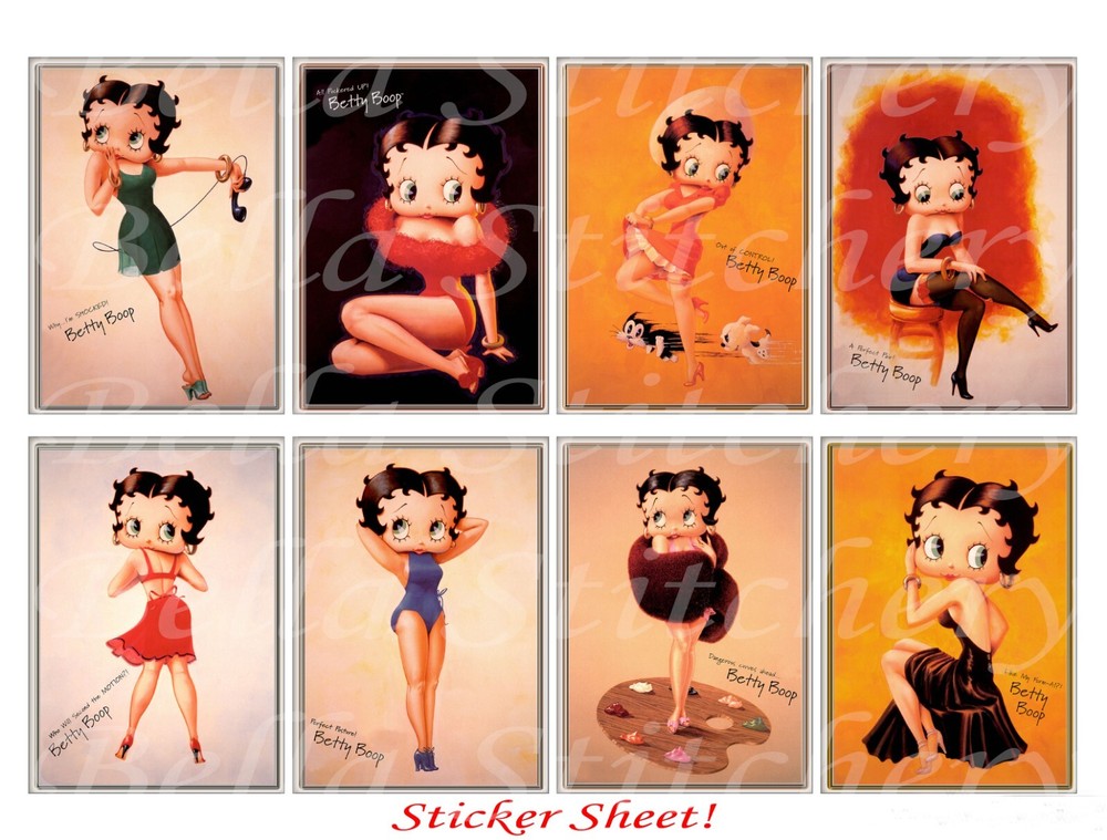 Handmade Set of 8 Retro Vintage Betty Boop Cartoon STICKERS – Just Cut & Use!