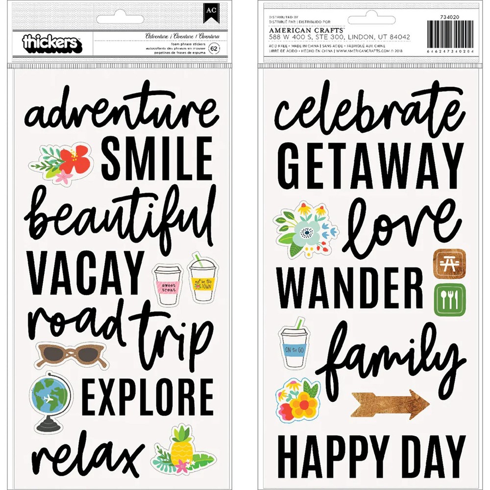 American Crafts CHASING ADVENTURE PHRASES & ICONS (2) SHEETS FOAM THICKERS