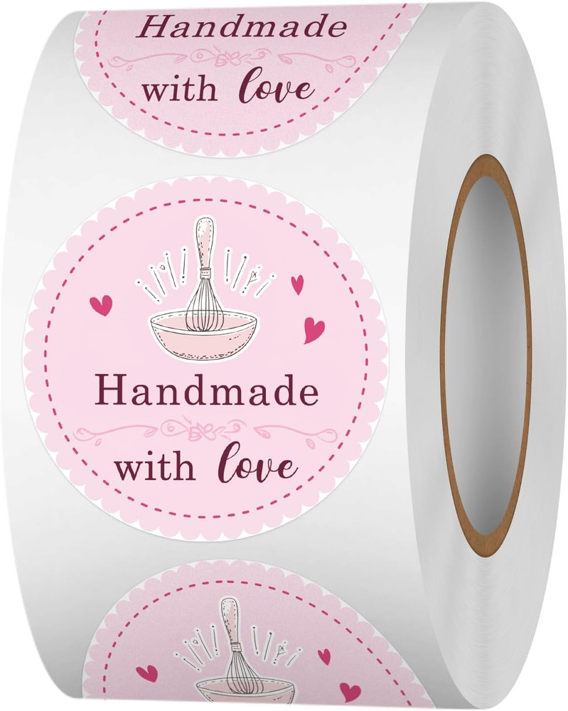 Pink Bakery Use Baked with Love Stickers, 1.5 Inch 500 PCS, Heart & Letter Print
