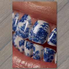 STICKER Blue Porcelain Nail Art Closeup White Background Chinese Pattern Lips