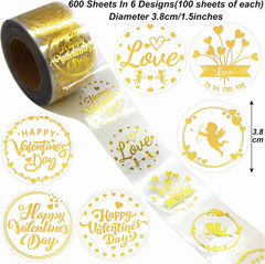 Valentines Stickers, 1.5 Inches, 600 Sheets, 6 Waterproof Transparent Gold Foil