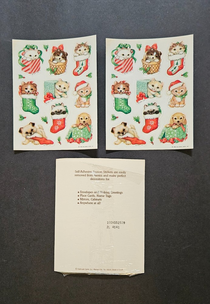 Hallmark 1983 Vintage Stickers Holiday Christmas Puppies Kittens – 2 Full Sheets