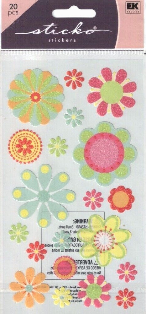 FLOWERS Vellum Glitter Green Blue Pink Orange Yellow Red Sticko stickers