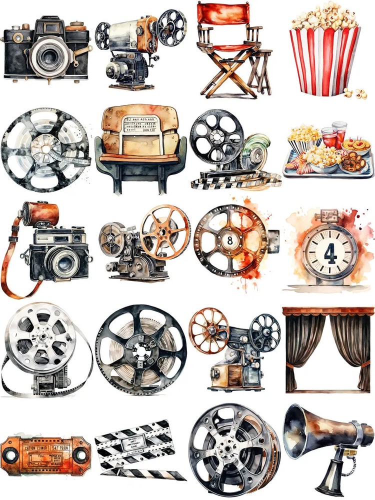 Retro Movies Theater Cameras Film Reels Stickers Stationery Scrapbooking Craft