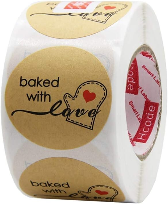 1000 PCS Baked with Love Stickers with Red Heart Glove 1.0 Inch Kraft Roll Stick