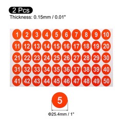 2 Sheets Round Number Stickers, 1-50 Consecutive Number Labels, Red(1″ Each)
