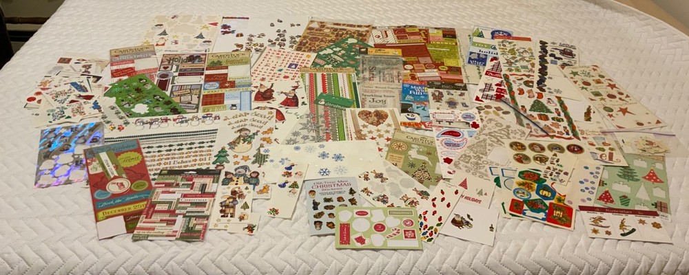 Huge Scrapbooking Lot USED Christmas Stickers Approx 80 Sheets Words Borders
