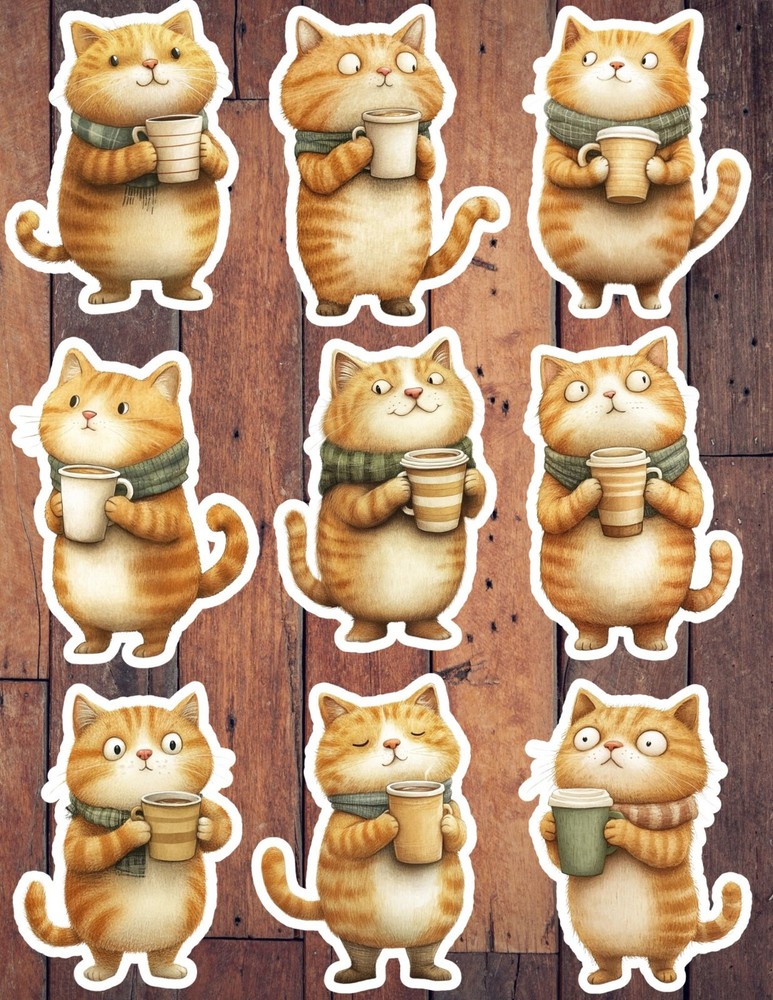 Cozy Cat With Coffee Vinyl Die Cut Stickers Set Scrapbooking Laptop Waterbottle