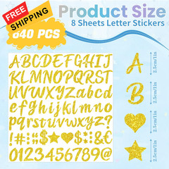 640 Pcs Gold Letter Stickers Glitter Alphabet Stickers, 8 Sheets 1 inch,