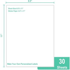 White Sticker Paper Full Sheet Labels, 8.5 x 11 Matte Printable Sheets for Laser